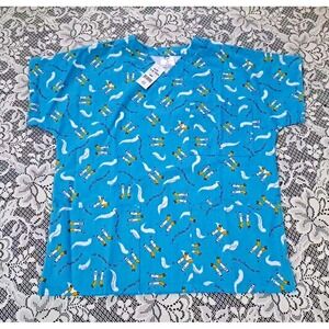 Women's Scrub Top Size Small Teal Blue Education The Best Medicine Made In USA